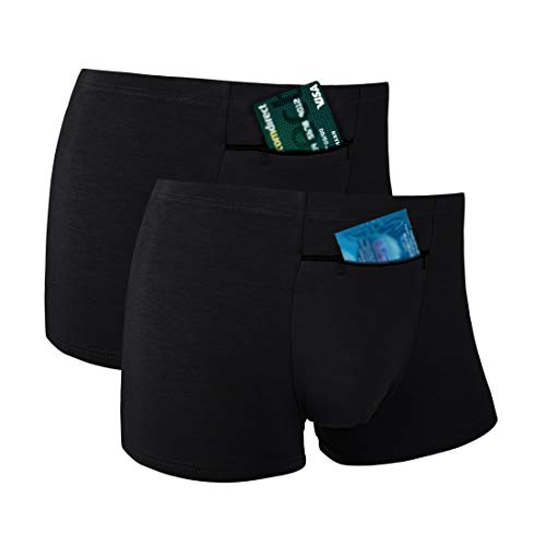 Pocket Underwear for Men with Secret Hidden Front Stash Pocket, Travel Boxer Brief, X-Large Size 2 Packs (Black)