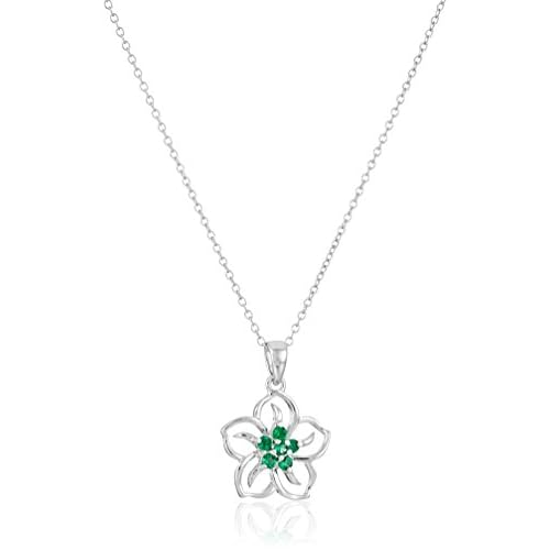 Amazon Essentials Sterling Silver Created Emerald Flower Pendant Necklace, 18" (previously Amazon Collection)