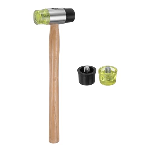 sourcing map Double Head Hammer 35mm/1.4 Diameter Plastic & Polyurethane Double-Faced Soft Hammer with 2 Replacement Heads Wooden Handle for Wood Flooring Installation, Black Yellow