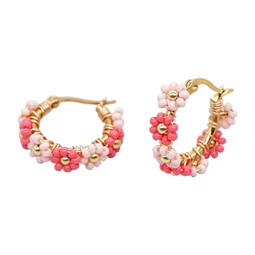 Sonateomber Handmade Red Pink Beaded Gold Hoop Earrings for Women, Cute Boho Small Colorful Seed...