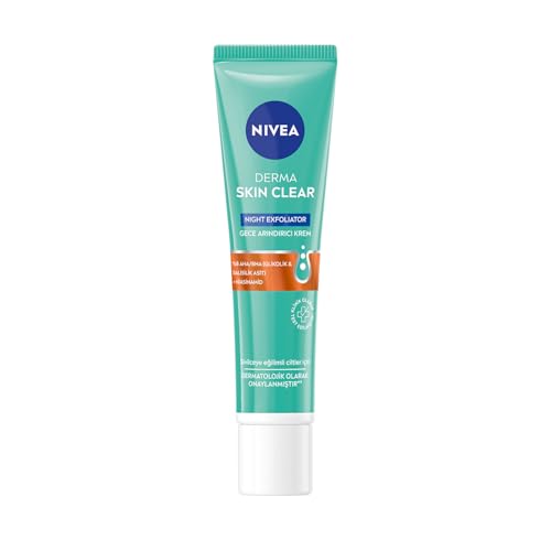 NIVEA Derma Skin Clear Night Exfoliator Gece Arındırıcı Krem 40ml,%8 Glikolik Asit (AHA) ve Salisilik Asit (BHA) ile Sivilce Karşıtı Etki,Eşit Cilt Tonu