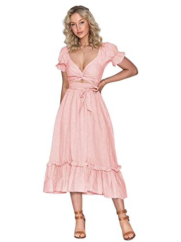 ZAFUL 2023 Boho Maxi Dress for Women A Line Tie Waist Summer Dress Deep V Neck Smocked Wrap Dress