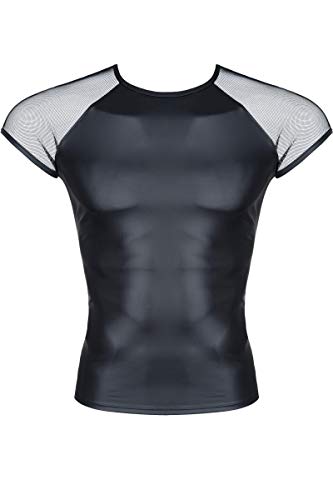 Herren Dessous T-Shirt schwarz Männer Wetlook Shirt dehnbar mit transparenten Schultern XXL Cover