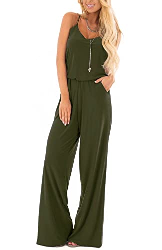 Women Tank Jumpsuits Casual Loose V Neck Sleeveless Spaghetti Strap Wide Leg Pants Jumpsuit Rompers Army Green Large #TOP4