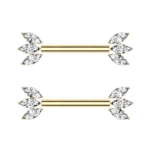 Pierced Owl 14GA ASTM F-136 Implant Grade Titanium Threadless Push-In Triple CZ Crystal Marquise Ends Nipple Barbells, Sold as a Pair