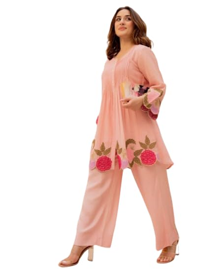 Women's Embroidered Pintuck Kurta Pant Co-Ord Set | Floral Embroidered A-Line Kurta with Straight Pants | Casual, Office Pink-image-16