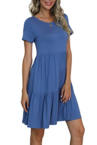 levaca Womens Summer Casual Dresses Beach Coverup Loose Short Sleeve T Shirt Dress 2025 Midi Sundress Light Blue L - Thumbnail 2