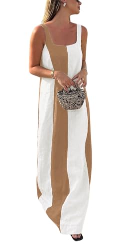Image of CHARTOU Women Summer Sleeveless Linen Dress Contrast Color Maxi Long Beach Vacation Tank Dress