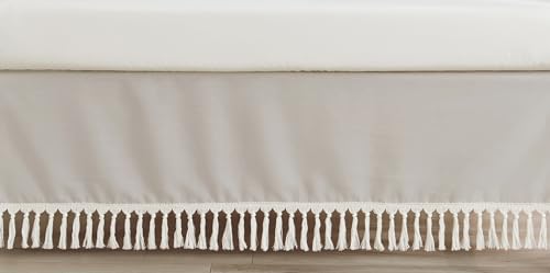 Image of Sweet Jojo Designs Boho Bohemian Boy Girl Baby Crib Bed Skirt Nursery Dust Ruffle - Solid Taupe Beige Ivory Cream Off White Linen Farmhouse Shabby Chic Designer Modern Minimalist Tassel Macrame Cotton