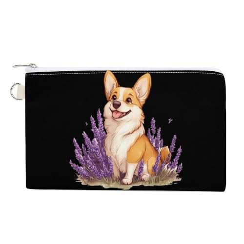 Purple Lavender Corgi Coin Purse Canvas Change Pouch Portable Pocket Wallet Mini Storage Bag with Zippered Keychain