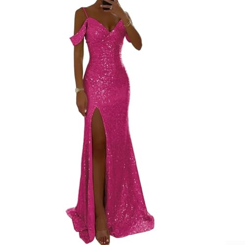 Robe de soirée à paillettes pour femme – Robe dos nu – Col en V – Fendu – Robe longue sans manches – Élégante – Longueur au sol – Pour invitées de mariage