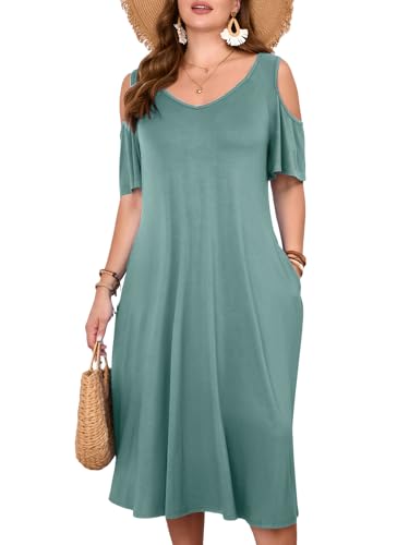 Image of LARACE Plus Size Women Dress for Summer, Midi Women's Sundress, Casual V-Neck Short Sleeve Flowy T-Shirt Dresses with Pockets