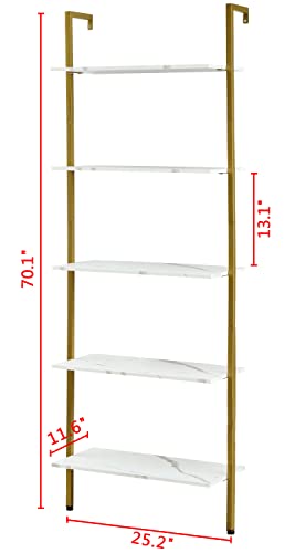 Tajsoon Large Bookcase, Industrial Ladder Shelf, 5-Tier Wood Wall Mounted Bookshelf With Metal Frame, Open Display Storage Shelves For Home, Office, Collection, Plant Flower, White & Gold #TOP6