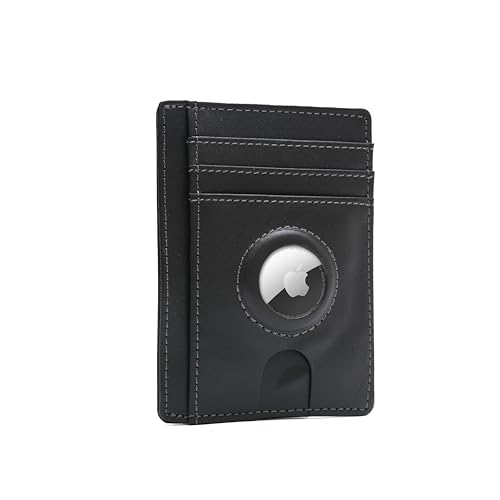Luxury Airtag wallet RFID blocking card holder wallet with built in Airtag holder- Slim Minimalist front pocket billfold leather wallet card wallet for men with ID window (Luxe Black)