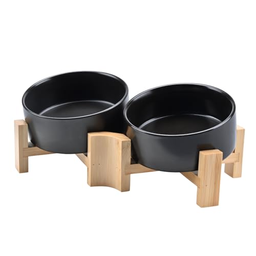 SPUNKYJUNKY 15° Slanted Ceramic Dog and Cat Bowl with Wooden Stand, Tilted Bulldog Food and Water Bowl No Slip Non-Spill for Cats Medium Dogs Big Face Pets 13.5 OZ (1.7 Cups, Black × 2)