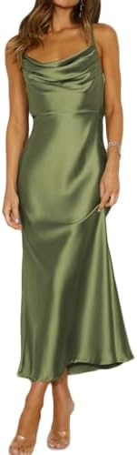 Summer Satin Spaghetti Strap Cowl Neck Backless Midi Dresses for ...