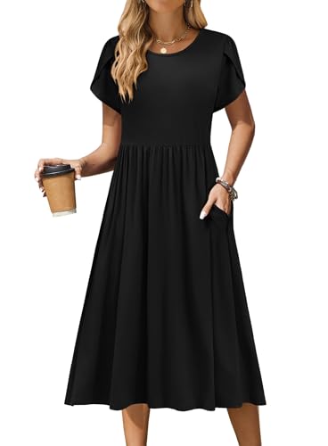 Zeagoo Womens Summer Midi Dress with Pockets Casual Short Sleeve A-Line Flowy Shirt Dress Beach Sundress,Black,Large
