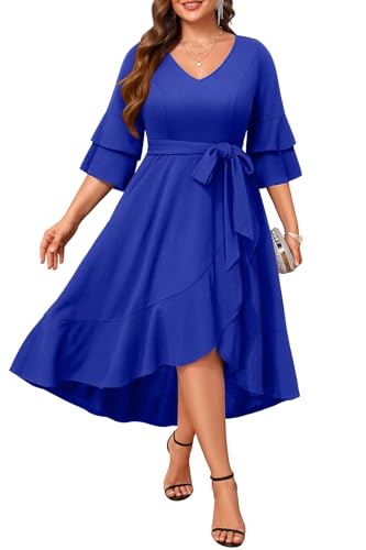 Image of Plus Size Wedding Guest Dress - Double Bell Sleeve High Low Split Dresses