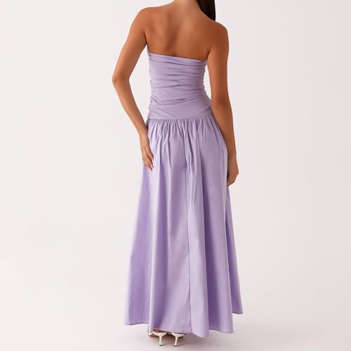 Image of Women Tube Top Maxi Dress Summer Strapless Backless Bodycon Long Bandeau Dress Elegant Off Shoulder A Line Dresses