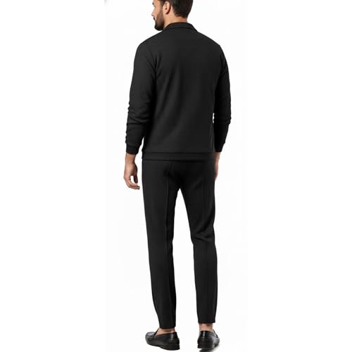 Image of Jawdrobe Men's Zipper-Check Co-Ord Set | Self-Textured Collar Top | Drawstring Jogger Pants | Cotton-Blend Loungewear Night-Suit | Mans Casual Travel Two-Piece
