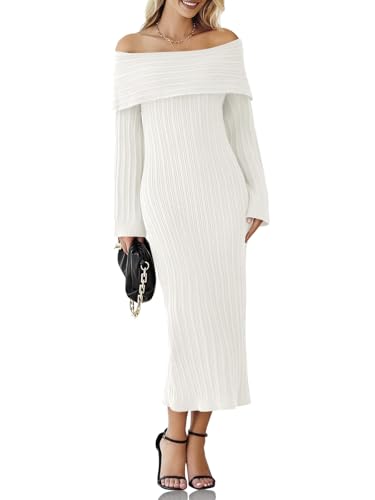 Saodimallsu Womens Off Shoulder Maxi Sweater Dress Long Sleeve Bodycon Sexy Elegant Club Party Knit Dresses