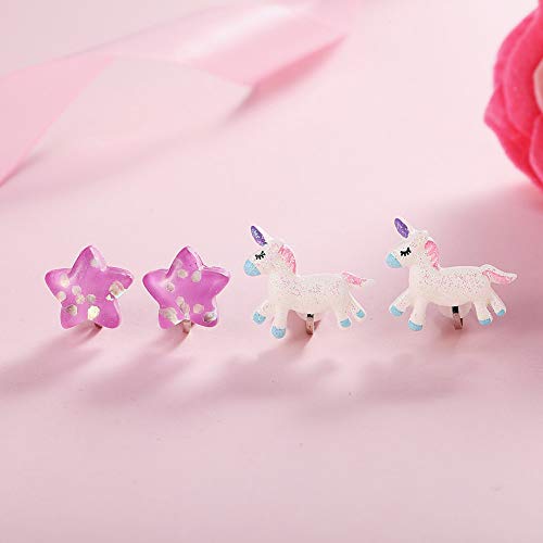 PinkSheep Bling Clip On Earrings for Little Girls, Unicorn Earrings Rainbow Earrings for Kids, 6 Pairs, Best Gift