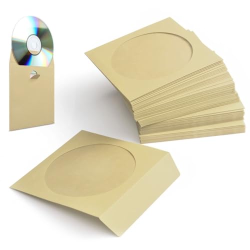 Flexzion DVD CD Sleeves 100 Pack - Premium Paper CD Sleeves for Blank CDs for Burning Music Movie Video Game Disc - Thick Disc Sleeve CD Envelopes Storage with Window Cutout and Flap, Beige