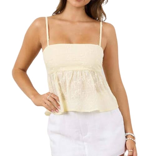Womens Y2k Babydoll Cami Tank Ruffle Hem Sleeveless Flowy Top Teen Girl Summer Fairy Shirt Fitted Streetwear(Yellow, S)