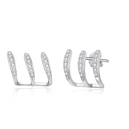 925 Sterling Silver Segment Triple Claw Curved Cubic Zirconia Earrings, Silver Hoop Earrings Stud Huggie Cuff Earrings