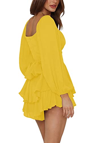 Image of LYANER Women's Jumpsuit Lantern Long Sleeve Ruffle Layer Tie Mini Short Romper