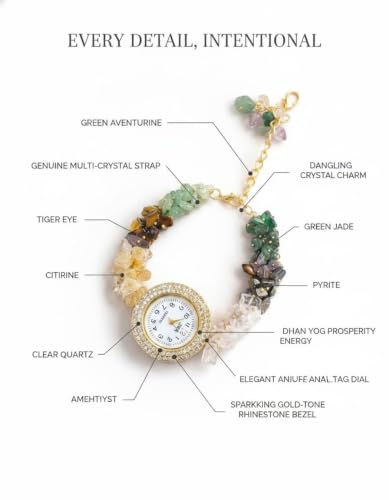 Image of ARKN Crystal Bracelet Watch for Women | Natural Gemstone Beaded Wrist Watch | Gold-Tone Dial with Rhinestone Bezel | Adjustable Fashion Jewellery Gift for Women & Girls