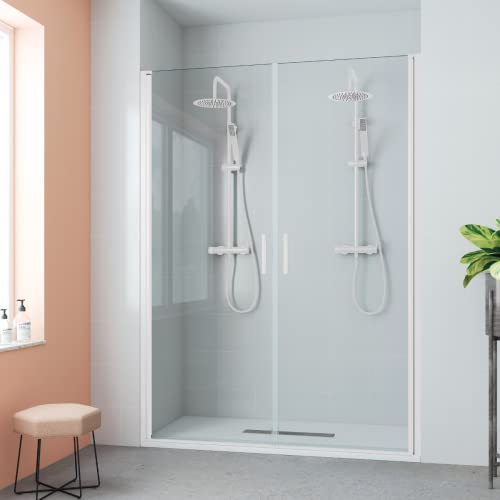 Mampara de Ducha Frontal con 2 Puertas Abatibles| Cabina Ducha 2 Puertas Giratorias TRANSPARENTE | Vidrio Templado de Alta Seguridad de 6mm con Antical | 195cm Altura Perfilería Blanco | 100cm