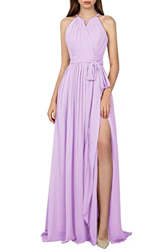 Robe demoiselle d'honneur lilas longue plissée sans manches avec fente taille 52
