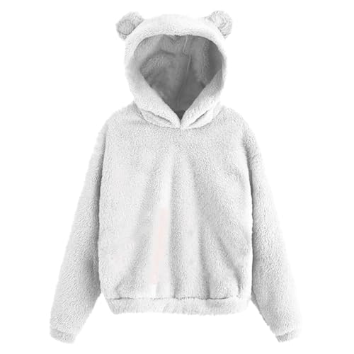 Generisch 2025 Sudadera con capucha de forro polar para mujer, con orejas de oso, sudadera con capucha, abrigo cálido, informal, suelto, otoño, Blanco, XL