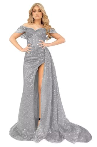 Dexinyuan Off Shoulder Sequin Prom Dresses with Slit Mermaid Tulle Sweetheart Formal Party Evening Gowns for Women 2025