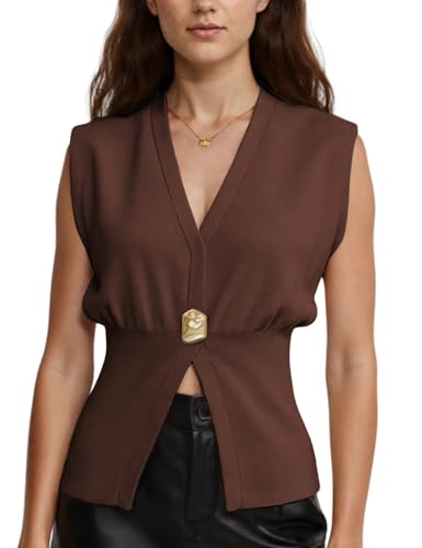 Image of AMEBELLE Womens Vest Tops V Neck Sleeveless Sweater Casual Work Tops | Womens Business Casual Tops Sweater Vest Pullover for Work Office V Neck Knit Blouses with Gold Metal Button Accent