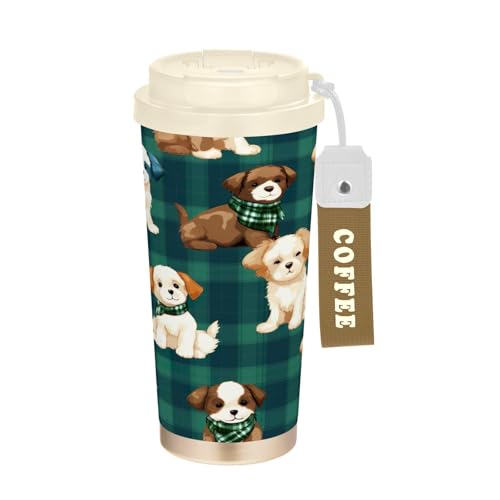 SKYSHU Cute Dog Plaid - Taza de café de viaje aislada de 481.9 g con tapa y popote, vaso a prueba de derrames y fugas con correa de asa para bebidas calientes y frías, botella de agua reutilizable de