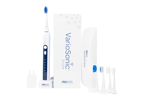 PRO-SYS® VarioSonic Plus+ Professional Electric Toothbrush Full Kit, Rechargeable Powered Toothbrush with Travel Case, 5 Brush Heads, 5 Modes, Extra Long Battery, Pressure Sensor and Timer (White)