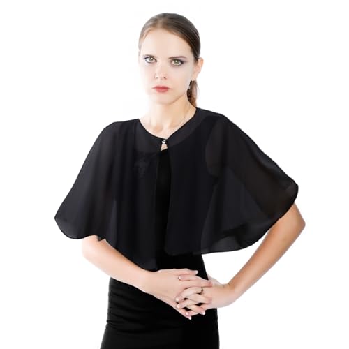 2 Pack Chiffon Capelet, Soft Chiffon Shawls Wraps Shrug for Wedding Evening Dress, 1920s Flapper Cape Cover Up for Women, Black and White4
