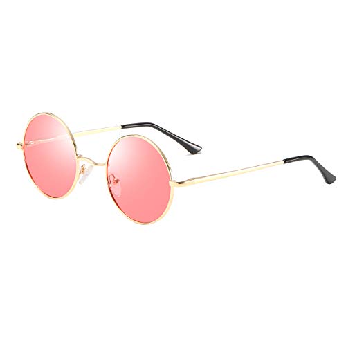 Gafas de Sol Redonda Polarizado Retro Vintage Lennon Círculo Metálico Gafas de Sol Hombre Mujer Marco Dorado + Lente Océano Rojo Cover