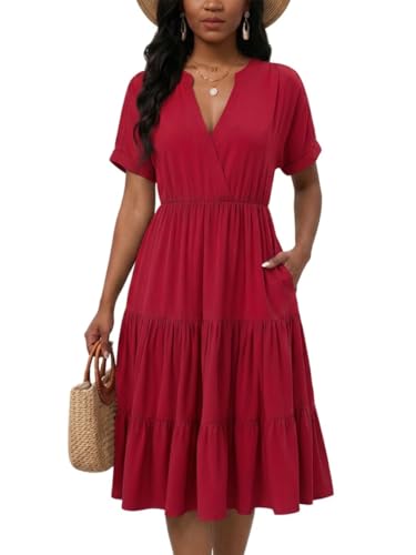 Image of PerZeal Women's Casual Tiered Midi Dress with Pockets - V Neck Short Sleeve Elastic Waist Ruffle Summer Dress for Daily Wear
