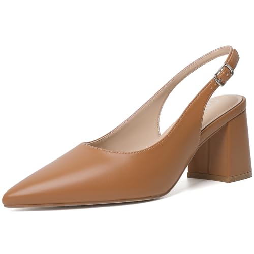Mostrin Brown Block Slingback Heels for Women Pointed Closed Toe Chunky Heels Office Work Shoes Women's Pumps for Business Casual
