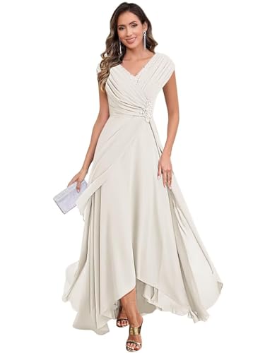 Chiffon Mother of The Bride Dress V-Neck Beading Sleeveless High Low Formal Evening Gowns for Wedding JH027