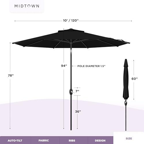 Image of Midtown Umbrellas - 10-Year-No-Fade 10 Ft Patio Umbrella with Terylast Fabric, Auto-Tilt Aluminum Frame and 8 Reinforced Ribs for Deck, Pool, Garden & Beach - Ebony Black Canopy, Black Pole