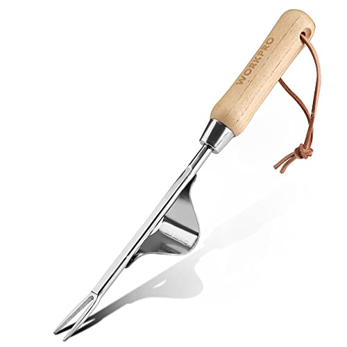 WORKPRO Weed Puller Tool, Metal Leverage Base and V-Shaped Forks for Easy Weed Removal & Deeper Root Digging, Heavy Duty Stainless Steel with Wood Han