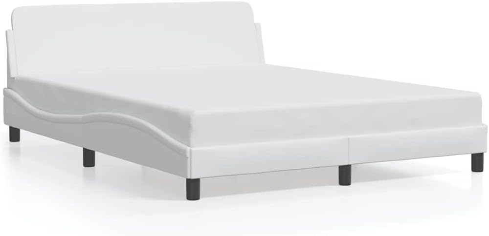 Queen Bed Frame White Faux Leather with Solid Pine Wood and Metal Platform Foundation, Sturdy Slatted Mattress Support for Modern Bedroom