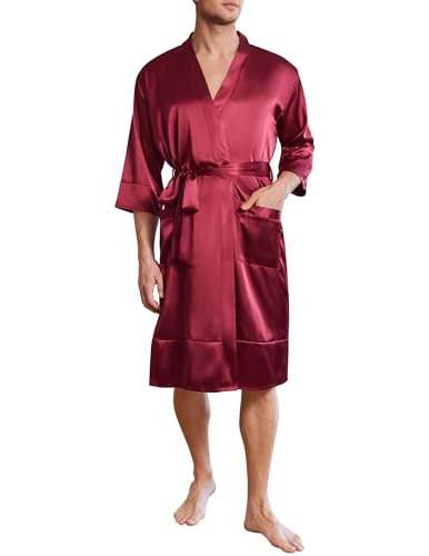 Ekouaer Mens Satin Robe Lightweight Silky Kimono Bathrobe 3/4 Sleeve Spa Knee Length Loungewear with...