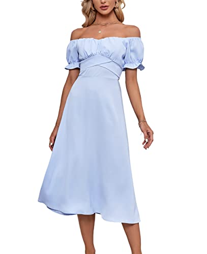 Image of LYANER Women's Off Shoulder Wrap Ruffle Puff Short Sleeve Ruched Tie Back Dress