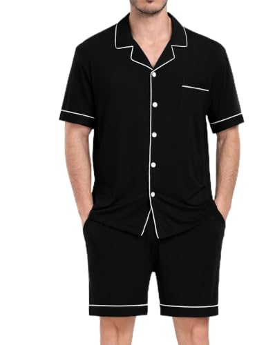 Image of Mens 2 Piece Short Sleeve Button Down Pajama Set, S-3XL | Soft Modal Fabric, Cool Lightweight Sleepwear & Loungewear with Pockets, Home Relaxing