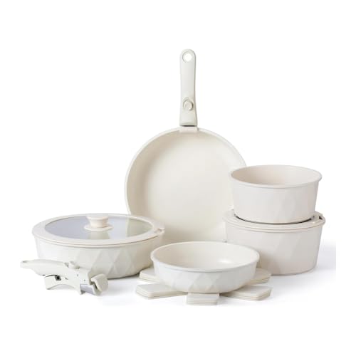 HJZSZX Juego de ollas y sartenes de cerámica antiadherentes para cocina, seguros y saludables, con mango extraíble de tacto suave, color crema y diamante, uno